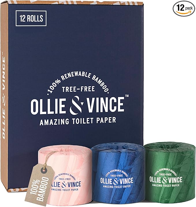 Ollie & Vince Bamboo Toilet Paper | Sustainable, Eco-Friendly, Plastic-Free & Tree-Free, Organic | 12 Rolls, 3-Ply, Soft, Strong & Septic Safe, Unscented | Premium Bathroom Tissue