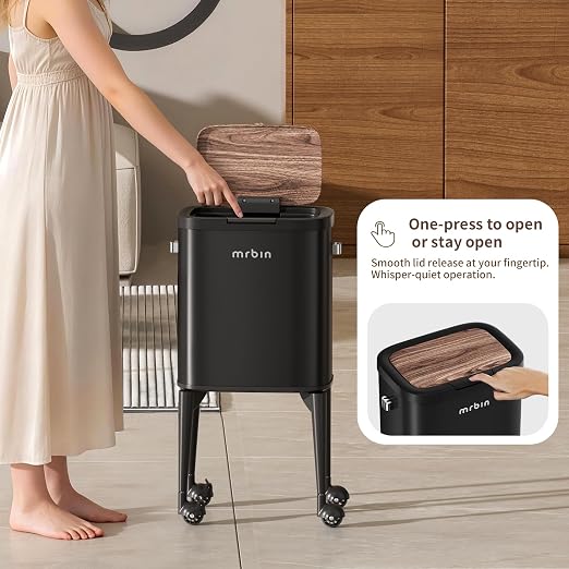 MRBIN Metal Kitchen Trash Can with Wheel Legs, 23L / 6.1gal Medium Press Lid Slim Removable Waste Basket, Pet Proof Tall Narrow Garbage Pail, for Vanity, Bedroom, Bathroom, Living Room, Black & Wood