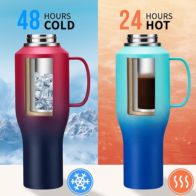 40 oz Insulated Cup with Handle - Stainless Steel Water Bottles with Straw & Auto Chug Lids, Carrier Pouch, Water Metal Coffee Tumblers Metal Flask, Fits in Cup Holder Leak Proof, Keep Cold 48h