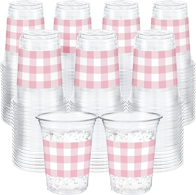 100 Pcs Pink Gingham Plastic Cups 12 oz Pink Checkered Plaid Disposable Plastic Drinking Cups Bulk for Baby Shower Wedding Birthday Christmas Party Decoration Supplies