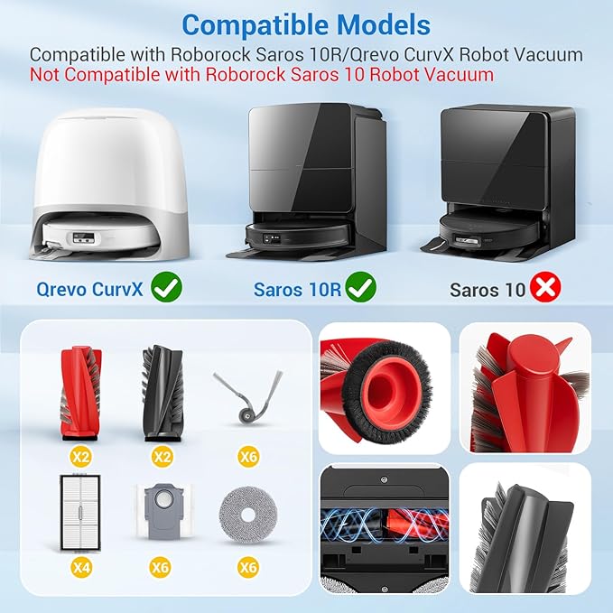 28 Pack Saros 10R Accessories for Roborock Saros 10R/Saros 20/Qrevo CurvX/G20s Ultra Replacement Part with 2 Red Roller,2 Black Roller,4 Hepa,6 Mop,6 Dust Bag,6 Side Brush,1 Screwdriver,1 Brush