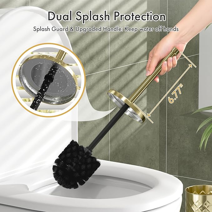 Toilet Bowl Brush and Holder Set 3 Pack with 6 Extra Brush Heads | Extra Long Handle with Splash Guard Cover, Tool-Free Installation, Bathroom Space-Saving, Cleaner Sets for Apartments, RV (Gold)