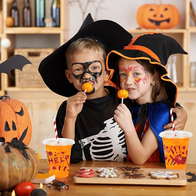 Whaline 50Pcs Halloween Disposable Plastic Cups with Lids & Straws 12oz Bloody Handprint Clear Cold Beverage Drinking Cups for Home Party Supplies