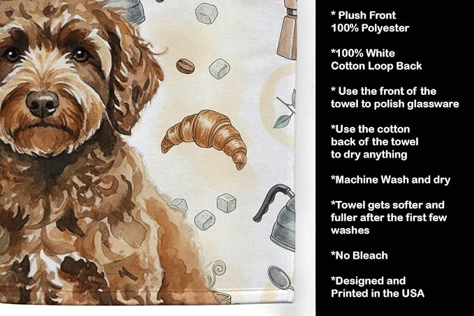 Caroline's Treasures Spanish Water Dog Coffee Bar Kitchen Towel Velour Plush Front and Cotton Loop Back Machine Washable