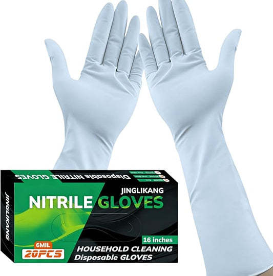 16 inch Nitrile Disposable Gloves Long Sleeved Blue 6Mil Durable Waterproof Latex Free Cleaning Dishwashing 50PCS