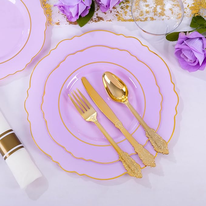 Liacere 350PCS Purple Plastic Plates - Disposable Lavender Plates 50guest Plastic Dinnerware include 100Light purple Plates,50Pack Pre Rolled Napkins Silverware 50Cups for Wedding & Party