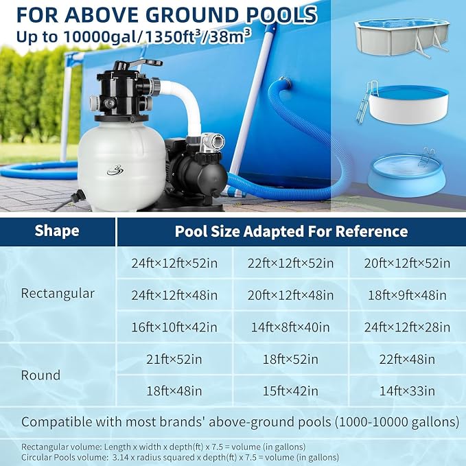 BlueBay 13in Sand Filter Pump with Timer, 7-Way Valve and Strainer Basket for Above Ground Pools up to 8000 Gallons – Easy Installation, Gray