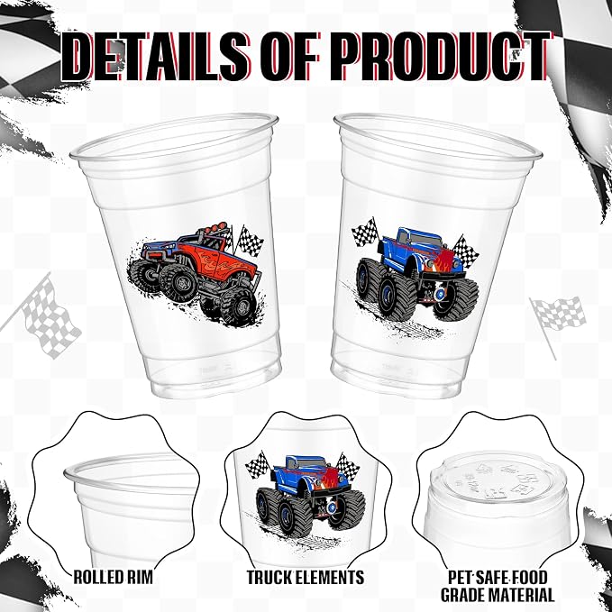 Pickmesh 50 Pcs Monster Truck Birthday Party Plastic Cup 12 Oz Monster Thick Clear Cup Truck Cups Birthday Table Decorations Party Favor