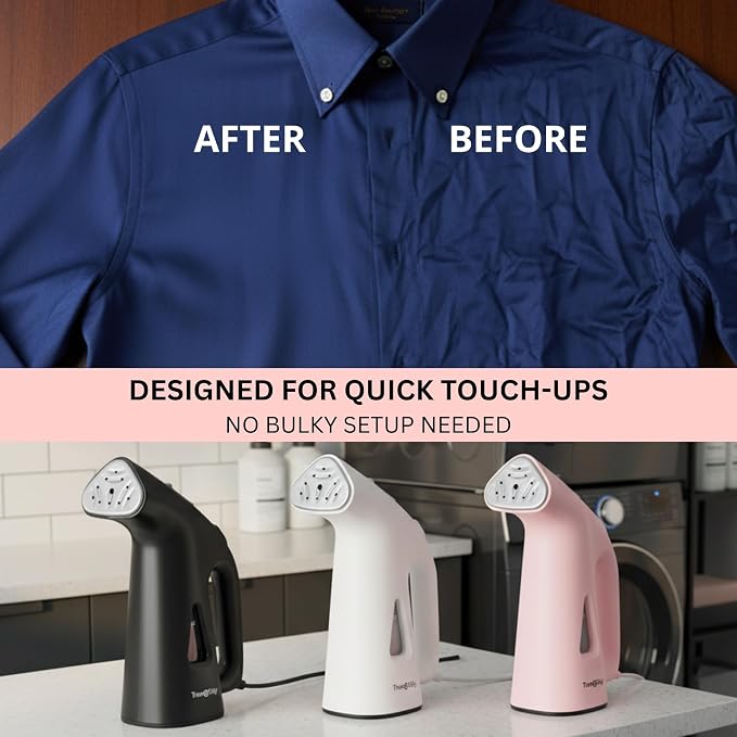 True & Tidy Compact Handheld Garment Steamer for Clothes, Travel Steamer with Stainless Steel Nozzle, 800 watts, Pink