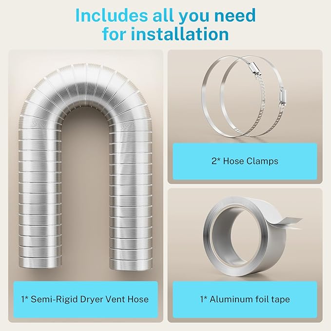 HOOMESUN 4 Inch 8FT Semi Rigid Dryer Vent, Flexible Aluminum Dryer Vent Hose with Clamps, 3.9 Mil Aluminum Foil Tape for HVAC Ventilation, Duct Fan Systems