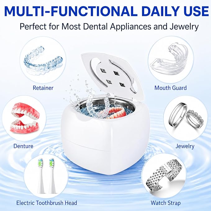 Ultrasonic Retainer Cleaner Machine, 340ml 48kHz Ultrasonic Cleaner for Retainers, Dentures, Mouth Guard & Jewelry, 4 Cleaning Modes,Large Capacity Tank,Portable Quiet Design with UV Light,White