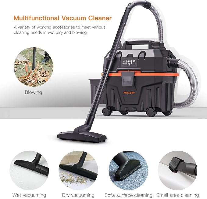 WECLEAN Shop Vac 4 Gallon 5.5 Peak HP Commercial Wet Dry Vacuum Cleaner, Heavy Duty Shop Vac with Blower Function, HEPA Filter, Portable Wet Dry Vac for Garage Car Detailing Construction Cleanup