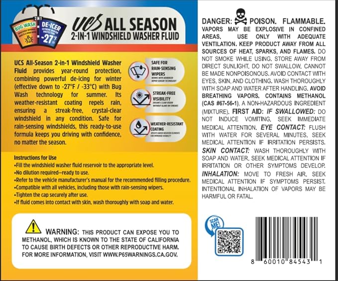 UCS Windshield Washer Fluid All Season -27°F, Freeze Protection, Water Repellent & Bug Remover, Streak-Free, 1 Gallon (128 fl oz)
