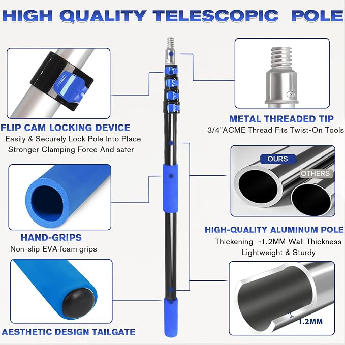 28FT Reach Telescopic Extension Pole, 5-20FT Multi-Purpose Extendable Pole with Universal Twist-on Metal Tip, Lightweight Sturdy Aluminum Paint Roller Extension Pole for Dusting Painting Cleaning