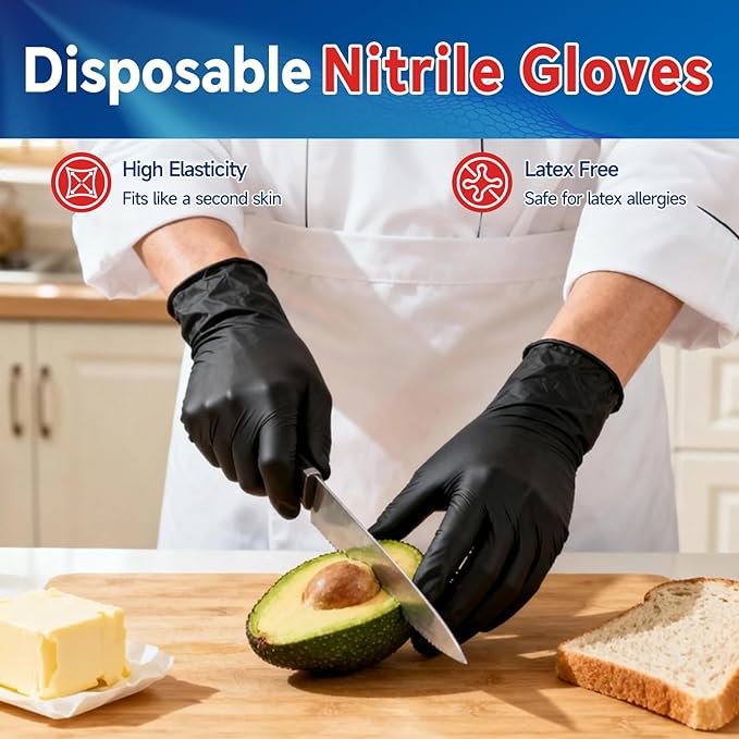 GTT Black Nitrile Exam Gloves 6 Mil, Powder-Free Disposable Gloves, First Aid,Cleaning Food Prep, Tattoo,Cooking,Mechanical