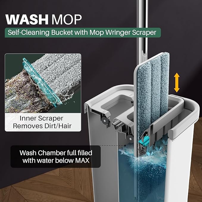 JOYMOOP Mop and Bucket Set with Freesia Scent Floor Cleaner Pods, Commercial and Household Flat Mop System with 3 Reusable Microfiber Pads and 15 Mop Soap Pods for Efficient Floor Cleaning