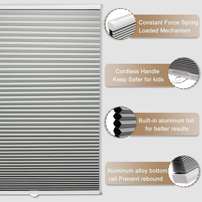 MYshade Cordless Blackout Cellular Shades, 1.5" Honeycomb Window Blinds for Bedroom & Nursery, Thermal Insulated, Noise Reducing, Privacy Shades, Inside or Outside Mount (44" W x 72" H, Grey)