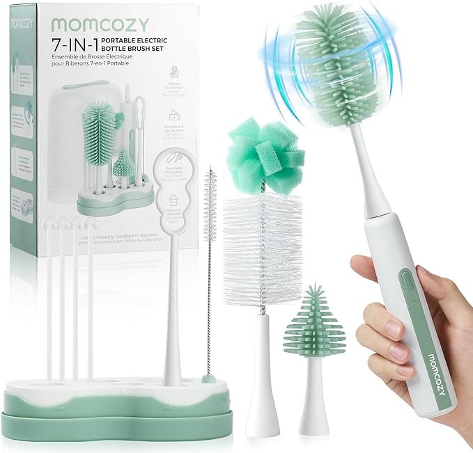 Momcozy Electric Baby Bottle Brush Set with Drying Rack, 7-in-1 Powered Bottle Cleaner & Formula Mixer, Portable Newborn Essentials for Pump Parts & Travel.