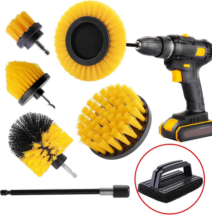 7 Piece BBQ Grill Cleaning Brush Ultra Stiff Drill Powered Cleaning Brushes Nylon Safe Bristle BBQ Grill Rust Remover Gift for Dad Grill Cleaner for Outdoor Grill (Yellow)