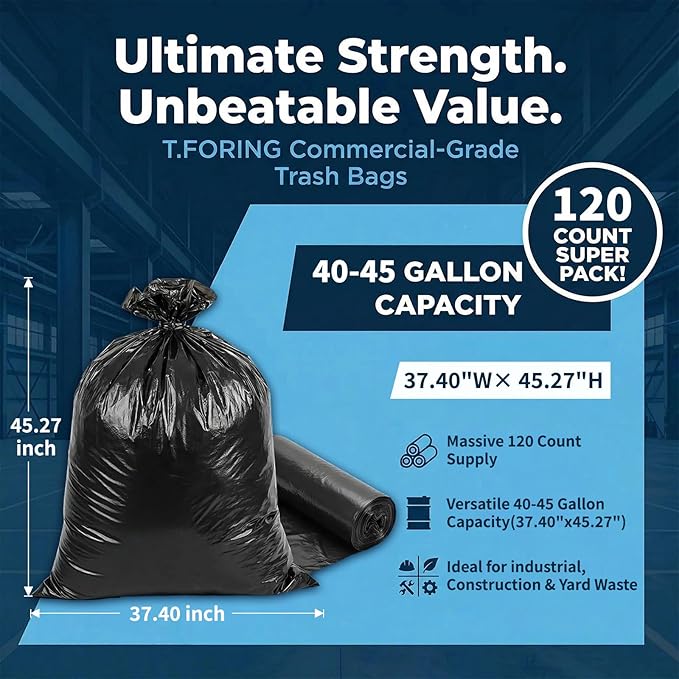 40-45 Gallon Black Trash Bags 120 Count - 37''x45'' Large Garbage Bags Unscented, 40+ Gallon Trash Can Liners, Multipurpose for Office, Outdoor, Recycling and Commercial