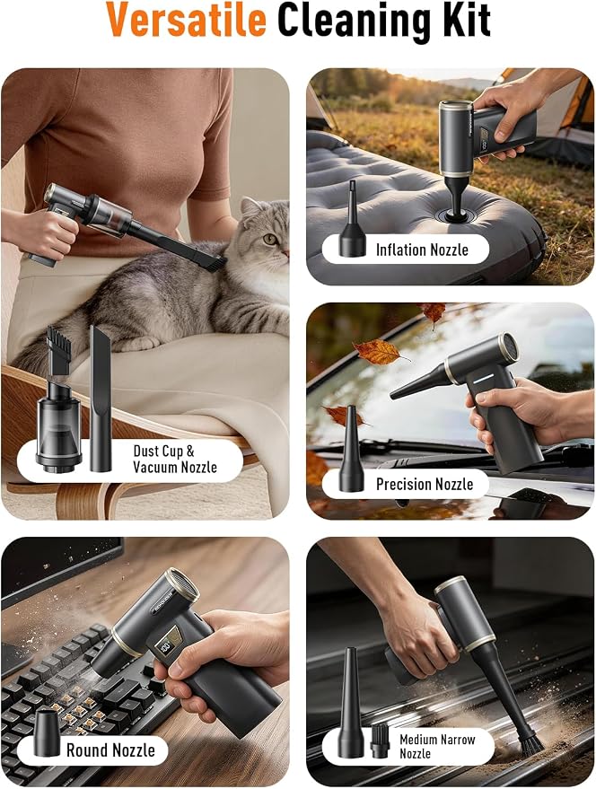 Electric Air Duster and Vacuum 2-in-1, Cordless Rechargeable Air Duster with 130000RPM Brushless Motor, 100-Gear Adjustable, LED Display, Portable Air Duster for PC Keyboard Car Home Outdoor Cleaning