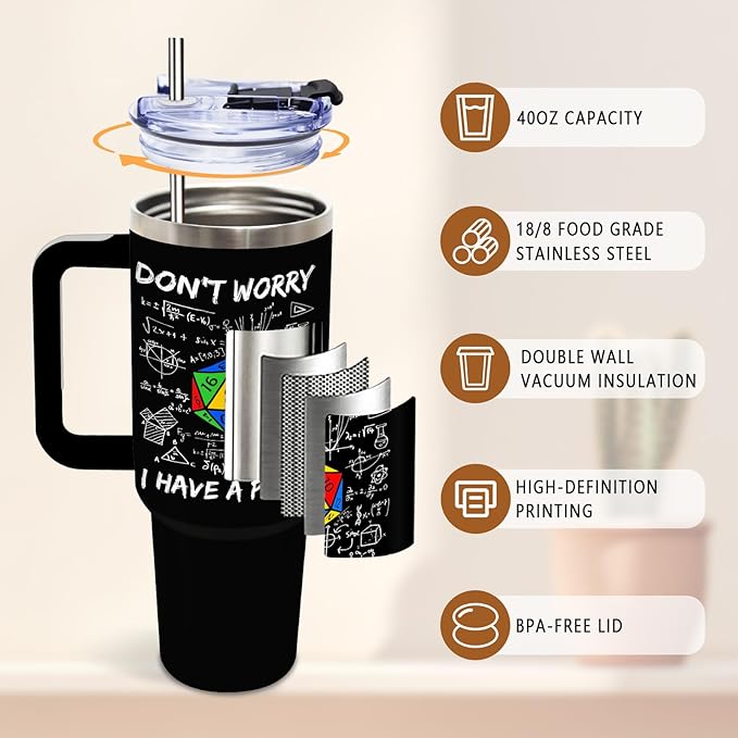 DUUV Funny Tumbler 40 Oz with Handle, Don't Worry I Have a Plan Dice and Math Design, Sarcastic Nerd Gifts for Gamers Math Lovers, Birthday Christmas Gift, 1PCS