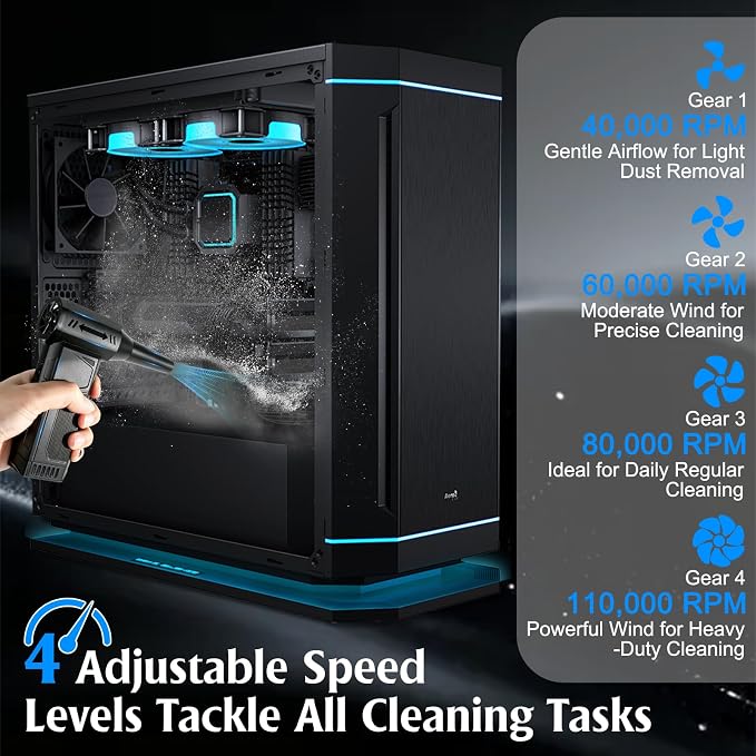 TPQKA Compressed Air Duster 110000RPM, Rechargeable Cordless Electric Air Duster – Replace Canned Air, 3+1 Gears 41m/s for PC Keyboard Computer Car Detailing Home Dusting
