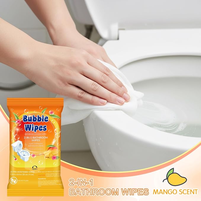 10 Pack Bathroom Cleaning Wipes 200 Count Mango Scent 2-in-1 Wipes Cleaner for Bathroom Toilet, Sink, Tile & Shower -Reusable Sealable Pouch, No Scrubbing Needed