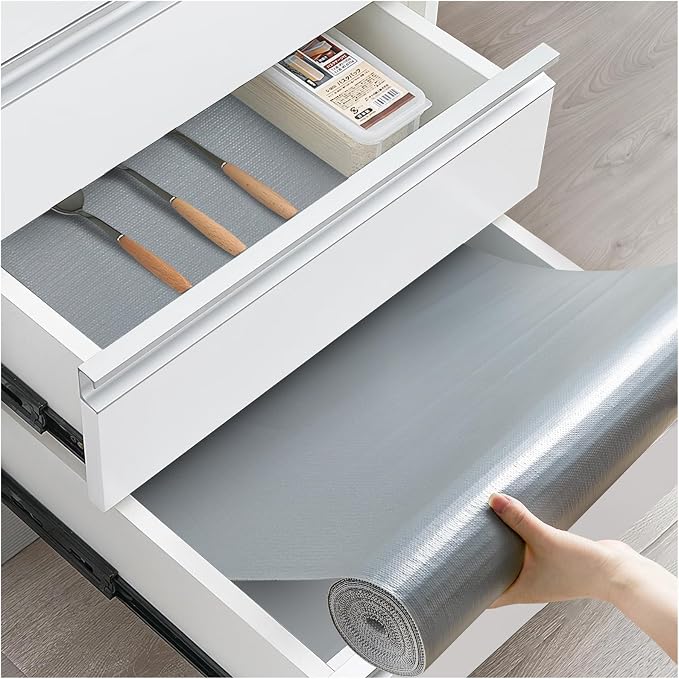 Drawer and Shelf Liner, Non-Slip Kitchen Cabinet Liners Non-Adhesive Thick Strong Grip Waterproof Washable Mats Protect Dresser Shelves Cupboard Bathroom Cabinets, Pure Gray, 18 in X 30 FT