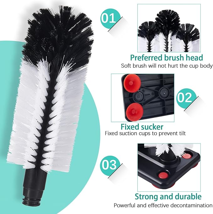 Havawish 2 Pack Water Bottle Cleaning Brush with Suction Base, 3 Head Bristle Bar Glass Washer for Sink, Cup Washer Brush Cleaner for Bar Beer Cup, Wine Glass, Long Leg Cup Kitchen Tools