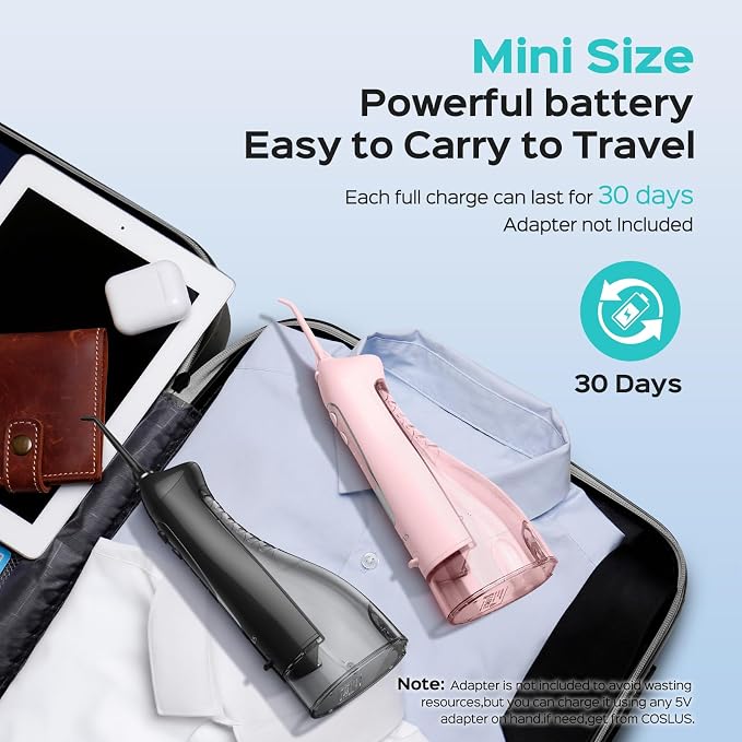 COSLUS ADA Accepted Water Dental Flosser Teeth Pick C20: Portable Cordless Oral Irrigator 300ML Rechargeable Travel Irrigation Cleaner IPX7 Waterproof Electric Flossing Machine, 2PCS, Black & Pink