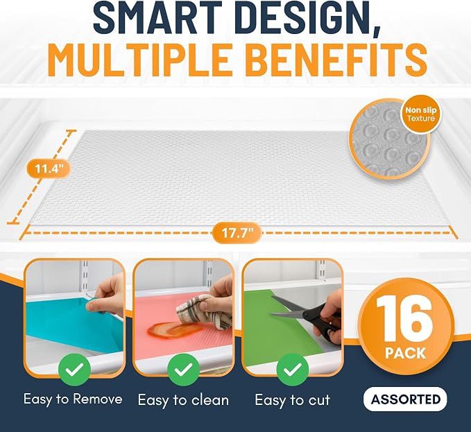 Refrigerator Liners for Shelves (16 Pack) by Linda’s Essentials - Non-Adhesive Shelf or Drawer Liner, BPA-Free Fridge Mats for Kitchen & Cabinets, Easy to Clean, Ideal Household Essentials(MultiColor)