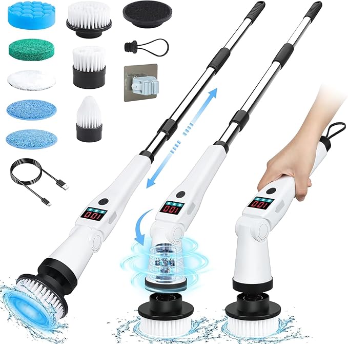 Electric Spin Scrubber, Shower Scrubber with Long Handle, Rechargeable Cordless Power Scrubber, Retractable & Adjustable Angle Spin Brush for Cleaning Bathroom/Tub/Floor/Tile (Black-White+Beige)