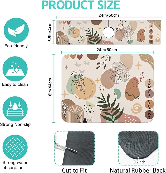 Dish Drying Mat for Kitchen Counter Matt, 2PCS 24"x18" Dish Drainer Mat & 24"x5.5" Sink Splash Guard, Super Absorbent Non-slip Rubber Backed