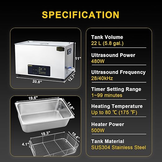 22L Ultrasonic Cleaner, One-Touch Cleaning, Heating, Dual-Frequency, Sweep Frequency, Touch Ultrasonic Cleaning Machine for Labs,Carburetor,Jewelry,Dentures,Automotive Parts
