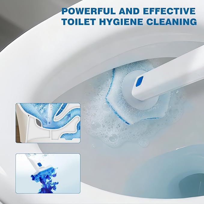Disposable Toilet Brush Set with Holder, White and Blue, Includes 16 Cleaning Refills (1+16 Refills)