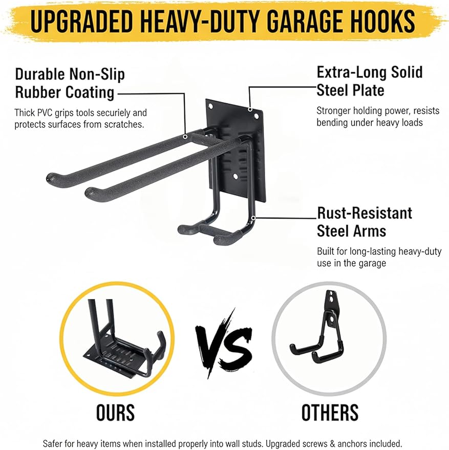 Delobon Garage Hooks 4pack Garage Organization [Steel Multi-Purpose Wall Storage Hooks] for Garden Tool Organizer Heavy Duty Hooks Ladder Power Tools Shovel Rake Broom