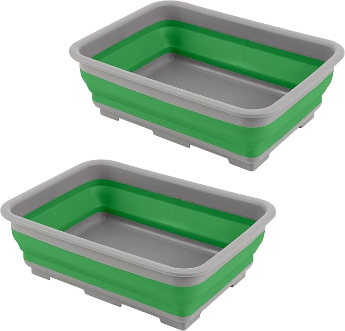Collapsible Bucket for Cleaning 2-Pack - 7.27L Foldable Wash Bin Dish Tubs - Collapsible Wash Basin or Camping Sink Set for Beach, Tailgating or Soaking Laundry - Cleaning Supplies by Wakeman (Green)