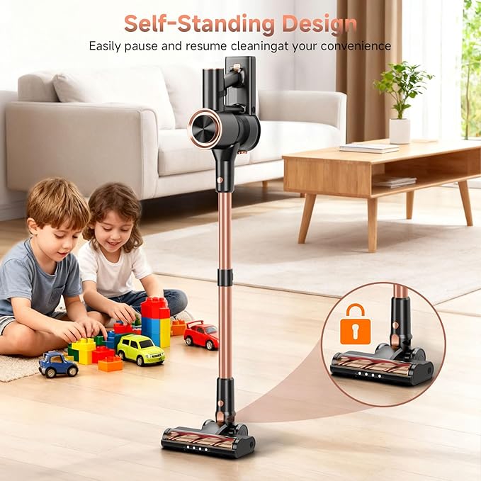 Cordless Stick Vacuum Cleaner - 45KPA Powerful Suction Vacuum with 45 Min Runtime, Detachable Battery, Anti-Tangle & 1.5L Dust Cup, 8 in 1 Vacuum Cleaner for Pet Hair, Carpet, HardFloor, Gold