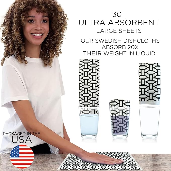 LOLA Swedish Dishcloths XL on a Roll, 30 Sheets, Geometric Pattern, Perforated 11" x 10" Sheets w/Hook, Reusable Absorbent Unpaper Towels Cellulose Sponge Cloth Biodegradable Made in Germany