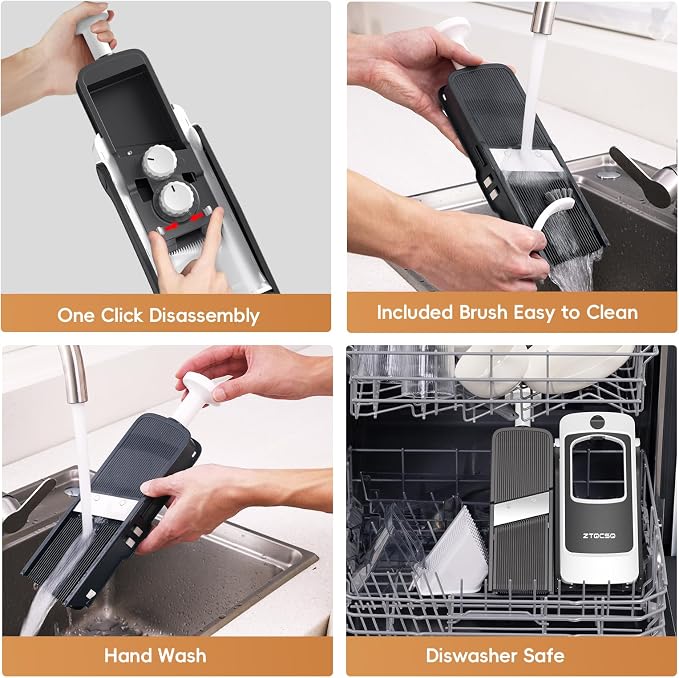 [All in 1] Vegetable Slicer with Adjustable Thickness, Easy to Clean Potato Mandoline Slicer with Container, Rapid Prep French Fry Veggie Cutter/Onion Slicer, Free Grater/Cleaning Brush (Gray)