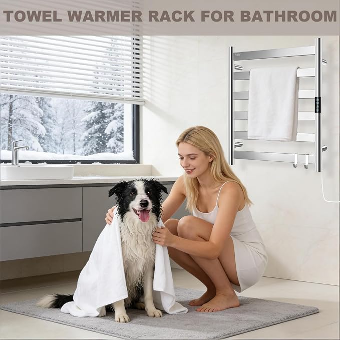 R FLORY Heated Towel Rack for Bathroom, 6 Bar Wall Mounted Towel Warmer Rack Flat with Timer & Temperature, Electric Towel Heater with LED Display Screen, Plug-in,Brushed Nickel
