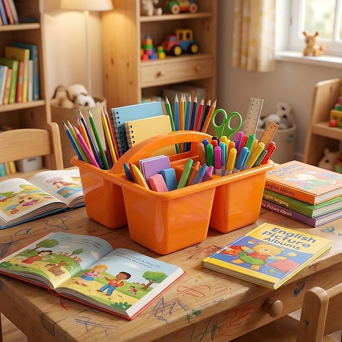 Kathfly 12 Pack Caddy Organizer with Handle, Stackable Organization Storage, Small Plastic Basket Classroom Caddy for Table Desk Office Pencil Kids Room Craft Art Teacher School Supplies (Blue Orange)