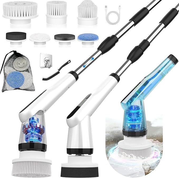 WKY-Electric Spin Scrubber - Upgraded 10-in-1 IPX7 Waterproof Shower Scrubber, Retractable Handle & 2-Speed for Toilet, Bathroom, Bathtub, Tile Floors