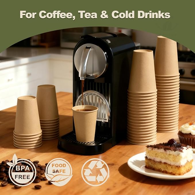 12 oz 200 Pack Disposable Coffee Cups, Bulk Brown Disposable Paper Cups, Coffee Cups for Hot Tea, Chocolate and Cold Drinks