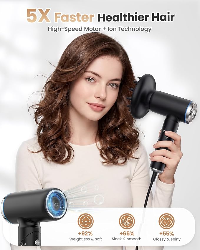 Dual Voltage Hair Dryer Travel Europe Foldable, High Speed Ionic Blow Dryer Fast Drying,100-240V Portable Dryers with Magnetic Nozzles,1300W, Black