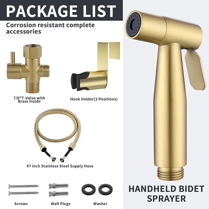 Brushed Gold Handheld Bidet Sprayer for Toilet, Stainless Steel Cloth Diaper Sprayer Kit with Solid Brass T-Valve, Adjustable Water Pressure Bidet Attachment