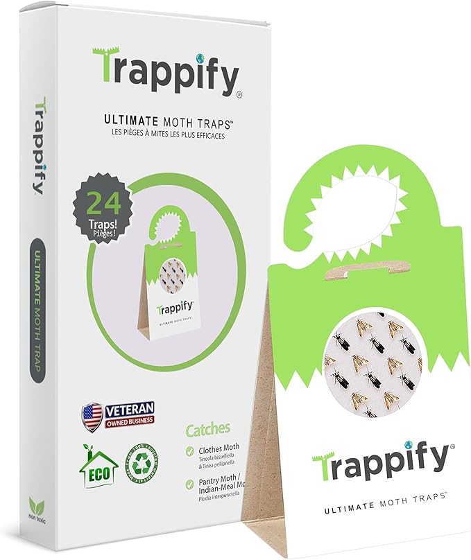 Trappify Adhesive Moth Traps for Clothes | Monitoring Pantry Moth Traps for House Indoor | Easy Setup Glue Trap for Kitchen, Cabinet, Cupboard, Storage Rooms (24 Pack)
