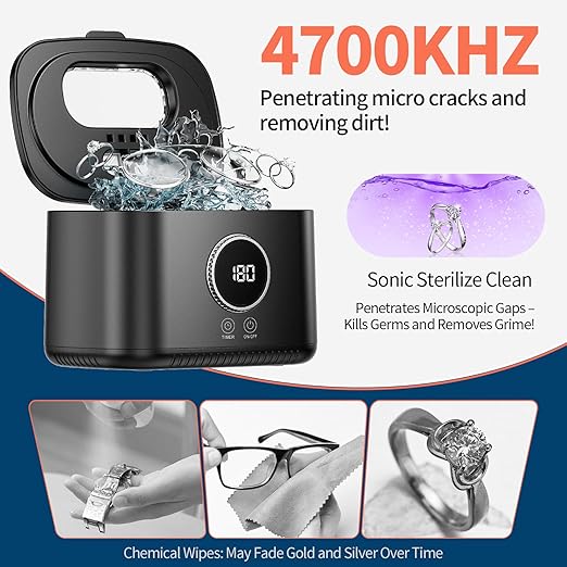 Ultrasonic Jewelry Cleaner 47kHz 20 oz Large Capacity, 5 Modes Ultrasonic Cleaning Machine with UV Light for Eyeglasses, Rings, Necklaces, Dentures, Retainers, Silverware