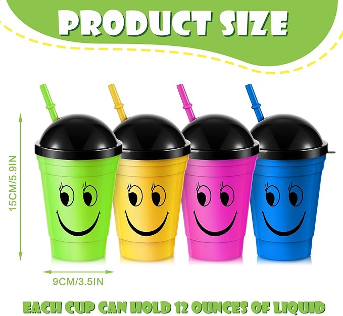 Bokon 12 Pack Smile Face Sipper Cups with Lids and Straws for Kids 12 oz Kids Reusable Plastic Cups with Lids for School Events Birthday Party Supplies, 4 Random Colors